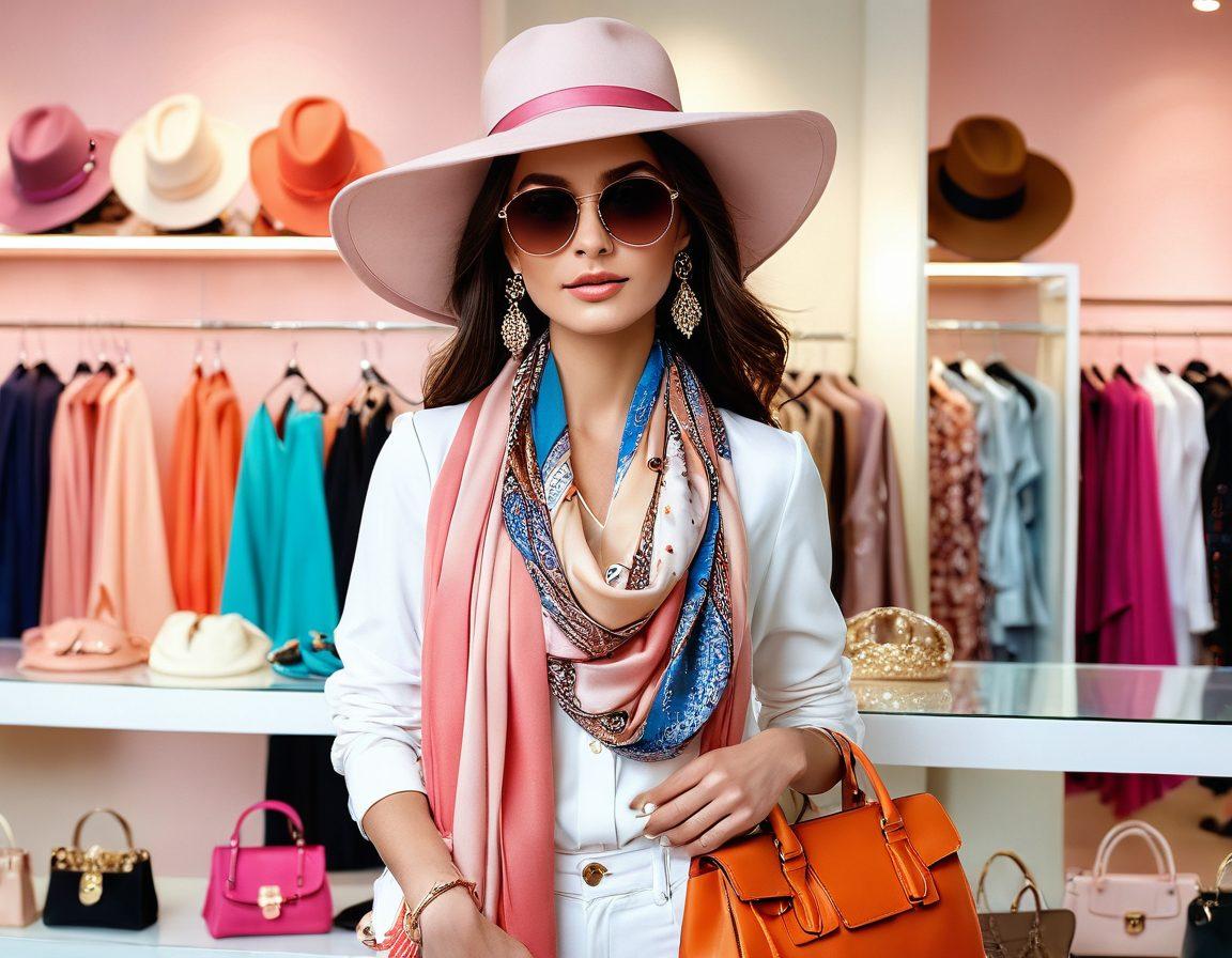 A stylish woman in a fashionable wide-brimmed hat, surrounded by a colorful array of women's accessories like scarves, jewelry, and elegant handbags. The background is a chic boutique filled with soft pastel colors and ambient lighting, inviting a sense of luxury and style. Include trendy sunglasses and a fashionable outfit to accentuate the theme of sophistication and fashion-forward thinking. super-realistic. vibrant colors. soft focus.
