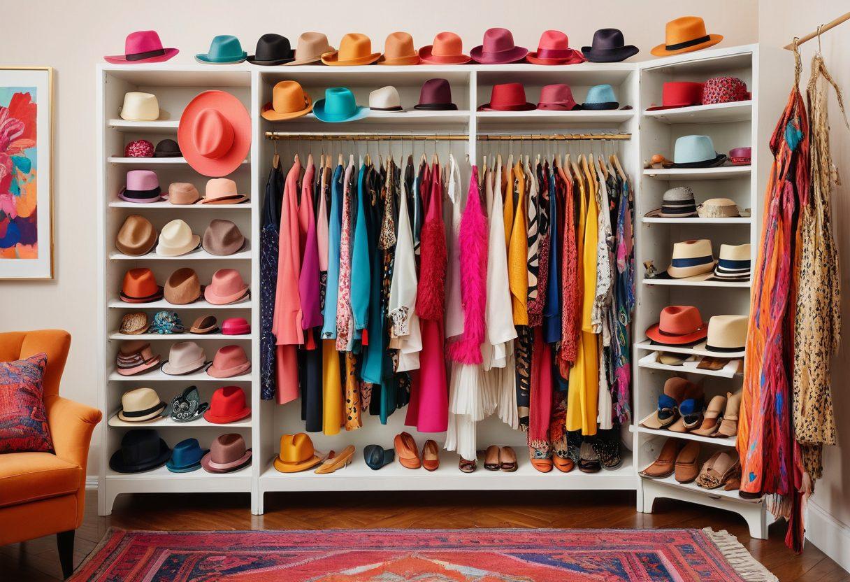 A chic woman wearing an array of stylish hats, showcasing different styles for various occasions, surrounded by a colorful closet filled with fashionable outfits. Include a lively background with sparkling accessories and vibrant textiles, emphasizing diversity in hat fashion. The scene should feel inviting and playful, capturing the essence of wardrobe transformation. painting. vibrant colors. white background.